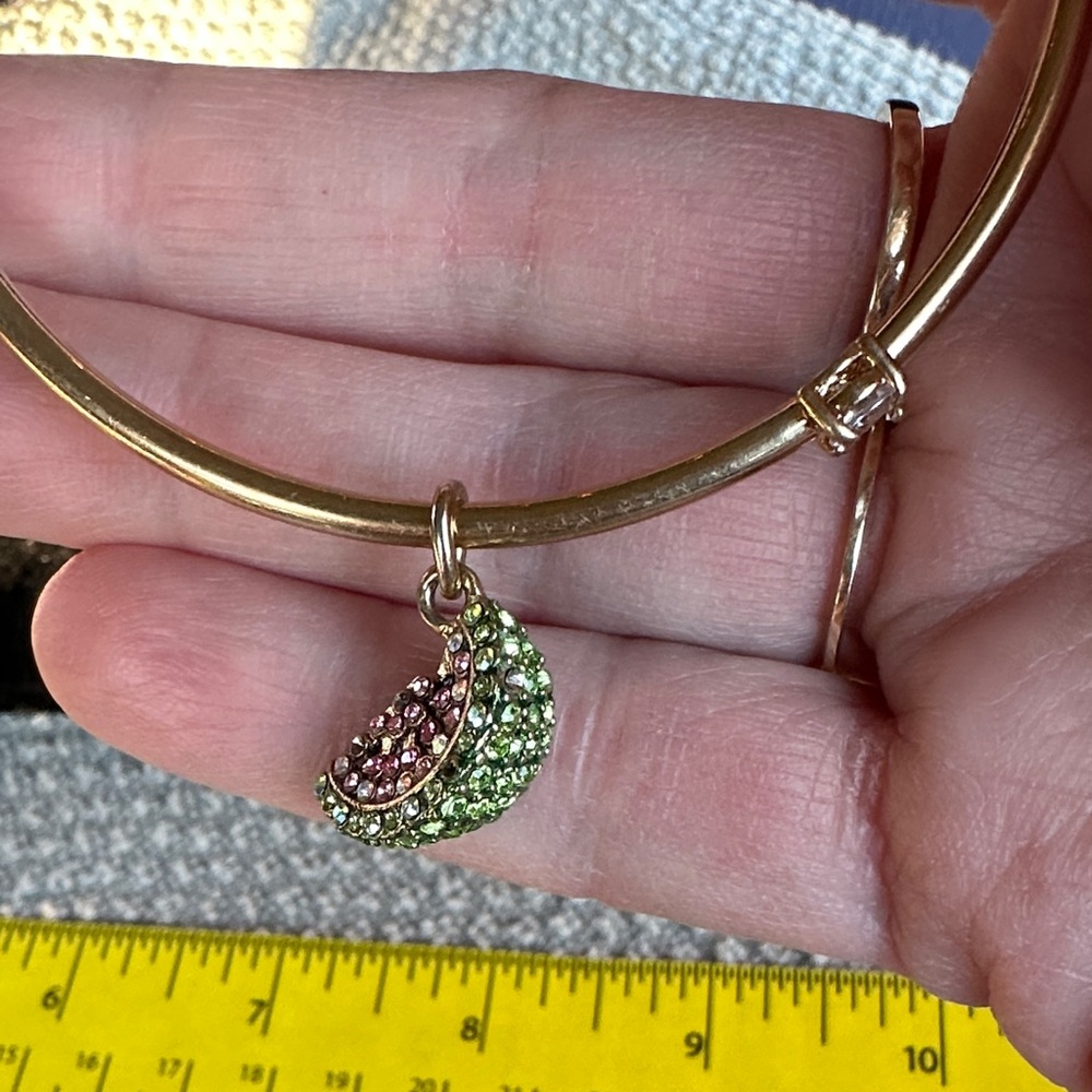 Gold Bangle w/Pink & Green Watermelon Crescent Charm. White crystals on bangle